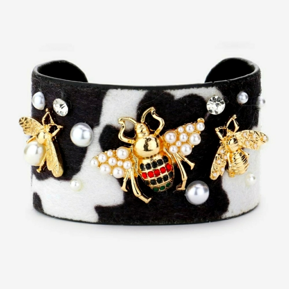 Fabulous Pearl Accent HoneyBee Rhinestone Crystal Cuff FBracelet